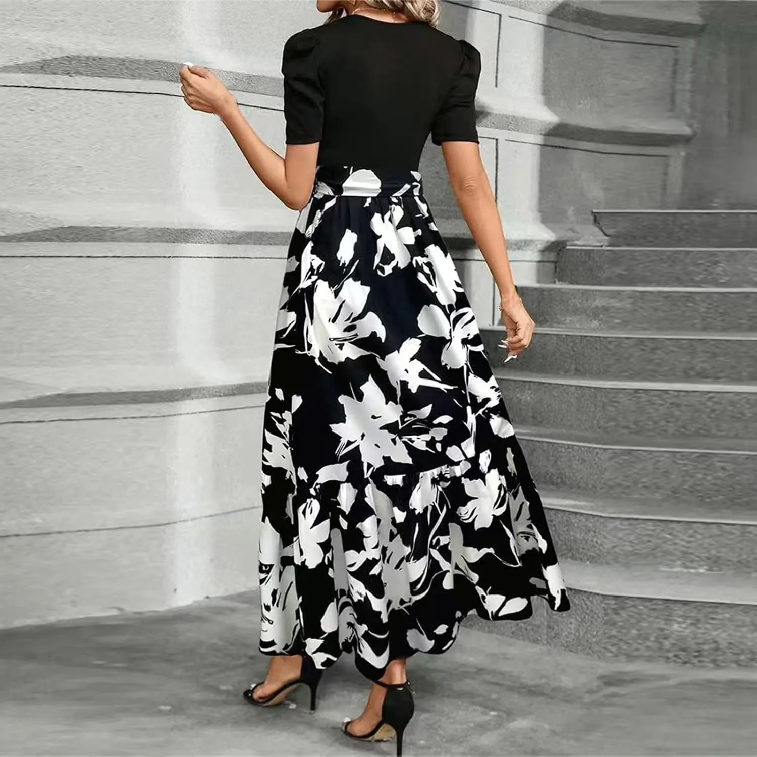 Floral Dress for Women Summer Puff Sleeve Patchwork Empire Waist Maxi Dresses Graduation Belt Crewneck Boho Sundress