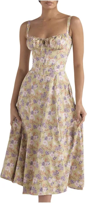Floral Sundress for Women Sleeveless Spaghetti Straps Bodycon Dress Vintage French Style Sweetheart Neck Midi Dress