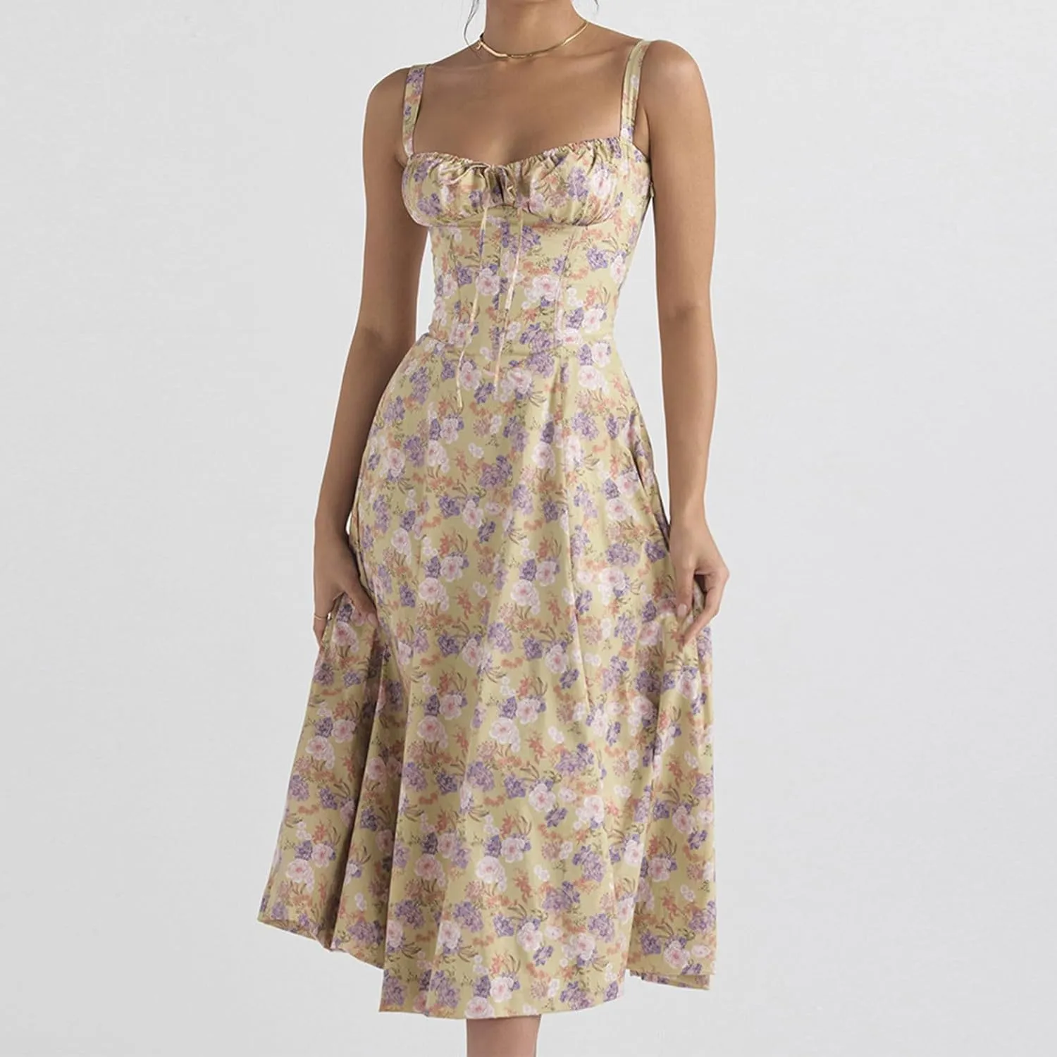 Floral Sundress for Women Sleeveless Spaghetti Straps Bodycon Dress Vintage French Style Sweetheart Neck Midi Dress