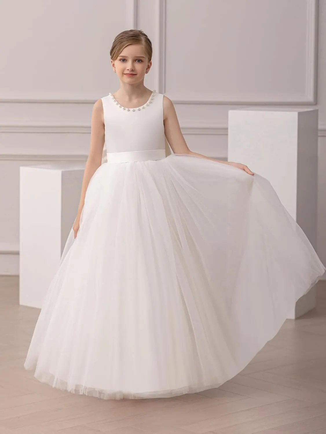 Flower Girl Dress Kids Satin Tulle Wedding Guest Party Birthday Bridesmaid Communion Pageant Prom Ball Gown Maxi