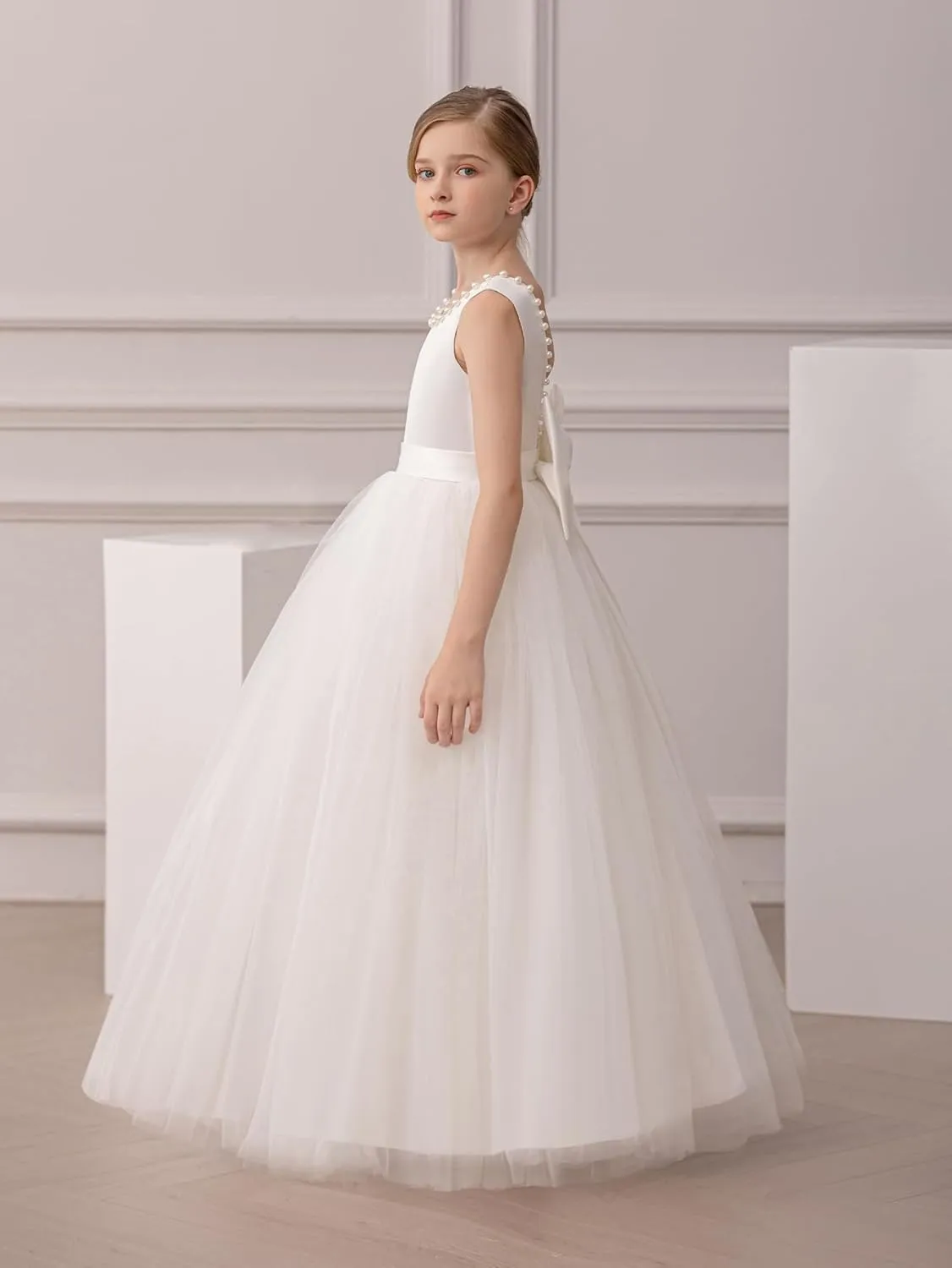 Flower Girl Dress Kids Satin Tulle Wedding Guest Party Birthday Bridesmaid Communion Pageant Prom Ball Gown Maxi