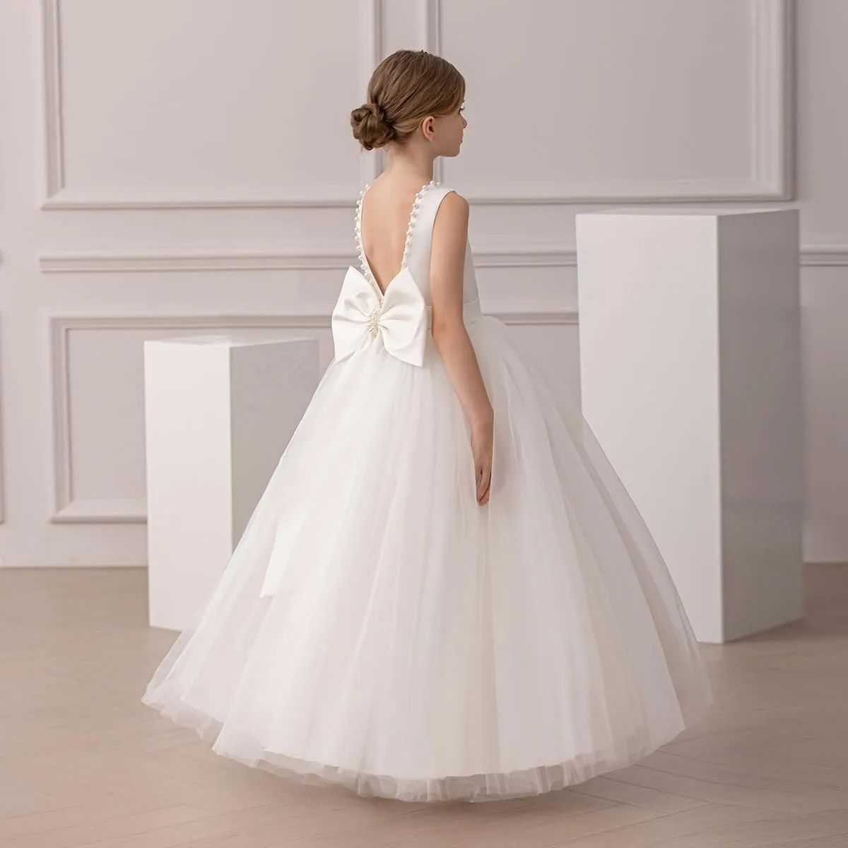 Flower Girl Dress Kids Satin Tulle Wedding Guest Party Birthday Bridesmaid Communion Pageant Prom Ball Gown Maxi