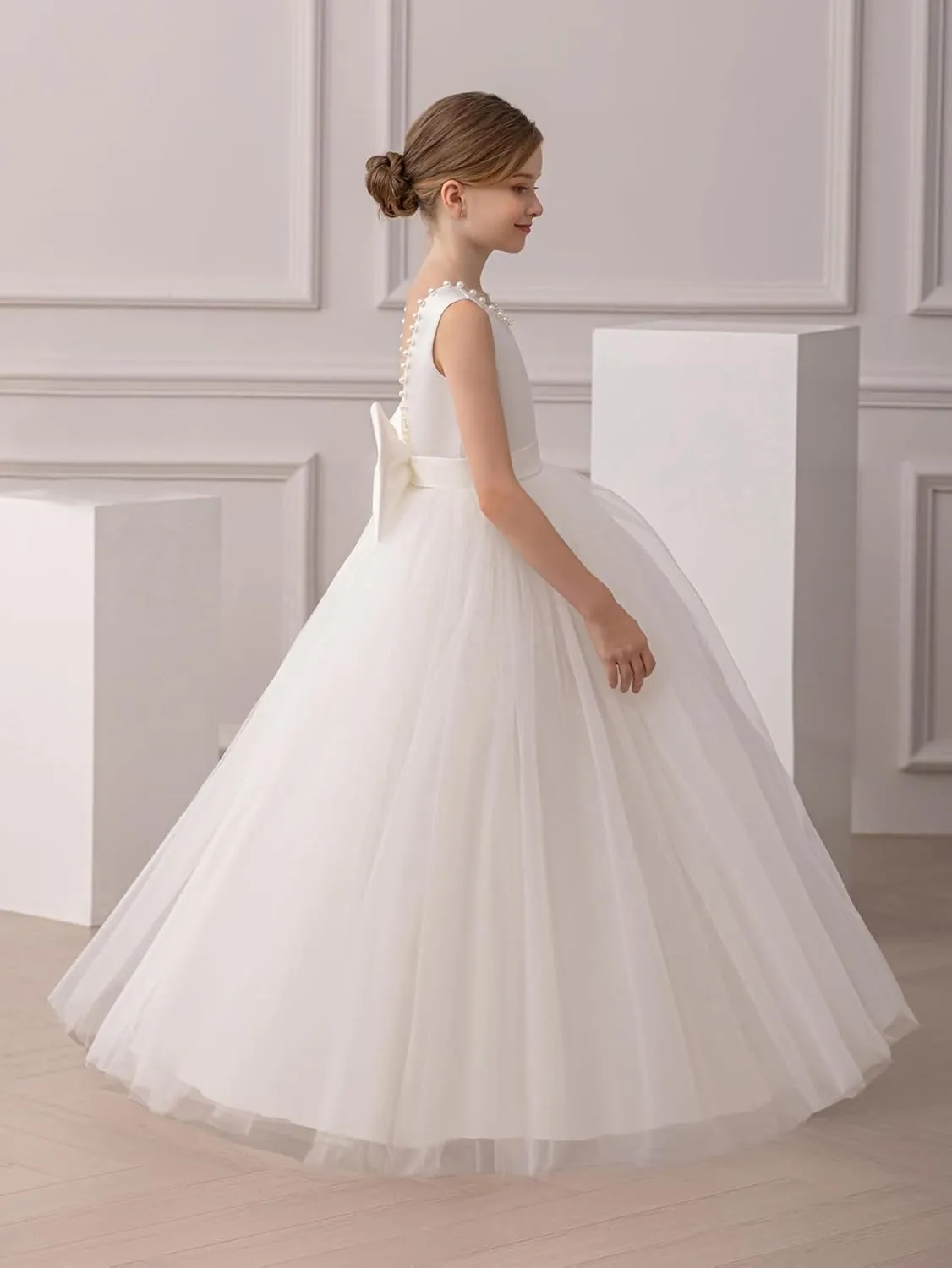 Flower Girl Dress Kids Satin Tulle Wedding Guest Party Birthday Bridesmaid Communion Pageant Prom Ball Gown Maxi