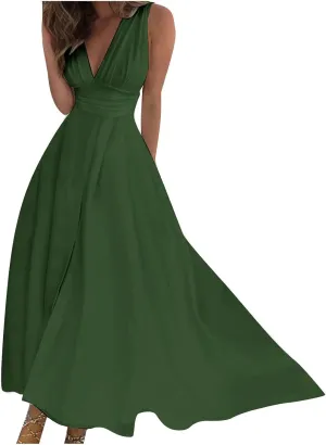 FZYLQY Sundresses for Women, 2024 Spring Summer Elegant Wrap V Neck Sleeveless Maxi Dress, Trendy Solid Flowy Beach Dress
