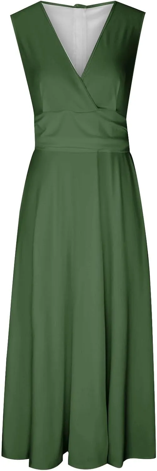 FZYLQY Sundresses for Women, 2024 Spring Summer Elegant Wrap V Neck Sleeveless Maxi Dress, Trendy Solid Flowy Beach Dress