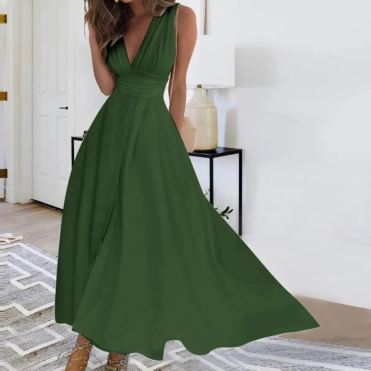 FZYLQY Sundresses for Women, 2024 Spring Summer Elegant Wrap V Neck Sleeveless Maxi Dress, Trendy Solid Flowy Beach Dress