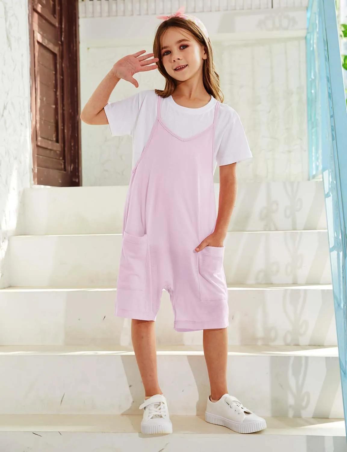 Girls Summer Jumpsuits Spaghetti Strap Sleeveless Loose Romper Short Pants with Pockets 5-14 Years