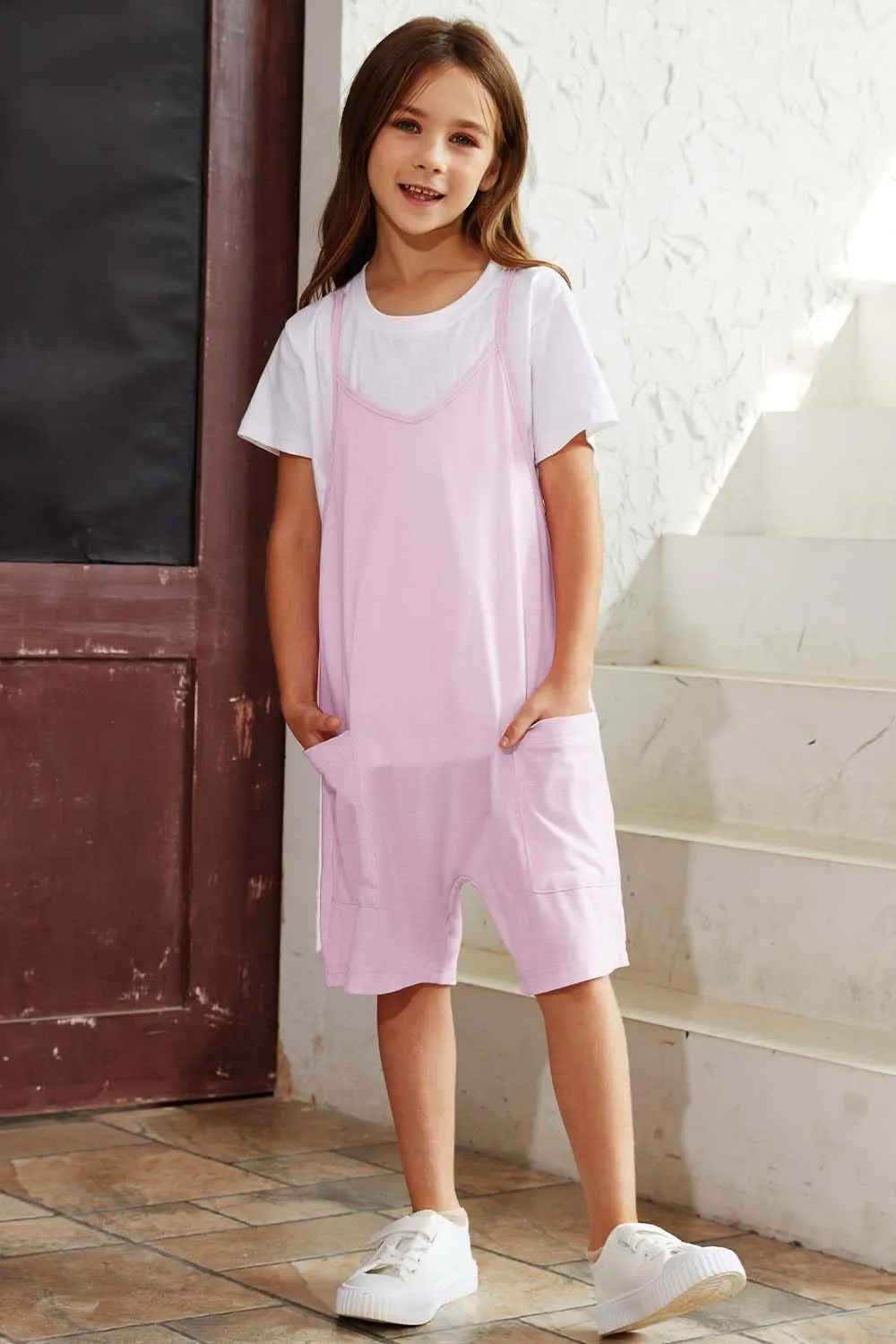 Girls Summer Jumpsuits Spaghetti Strap Sleeveless Loose Romper Short Pants with Pockets 5-14 Years