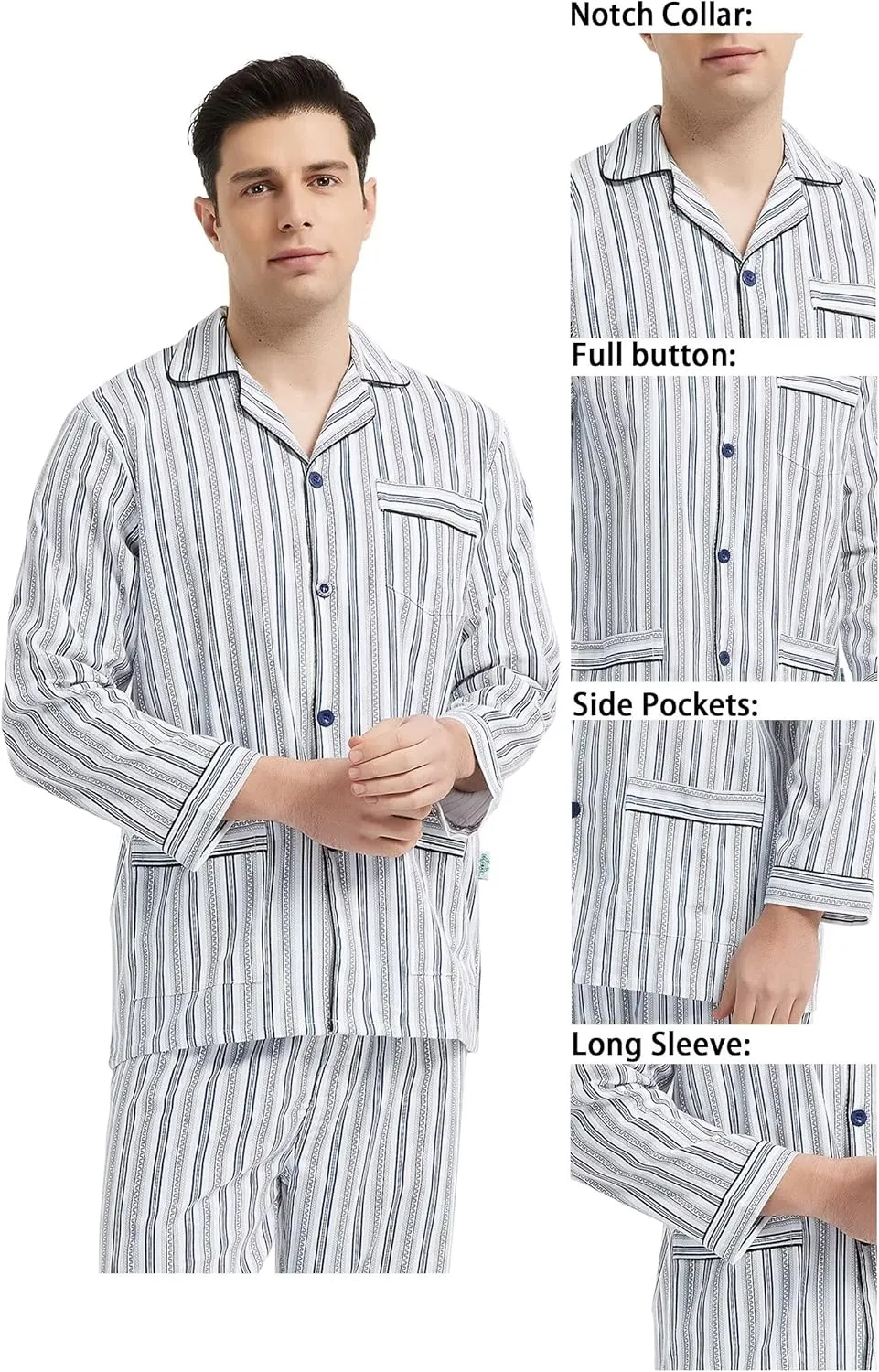 GLOBAL Mens Pajamas Set, 100% Cotton Woven Drawstring Sleepwear Set with Top and Pants/Bottoms