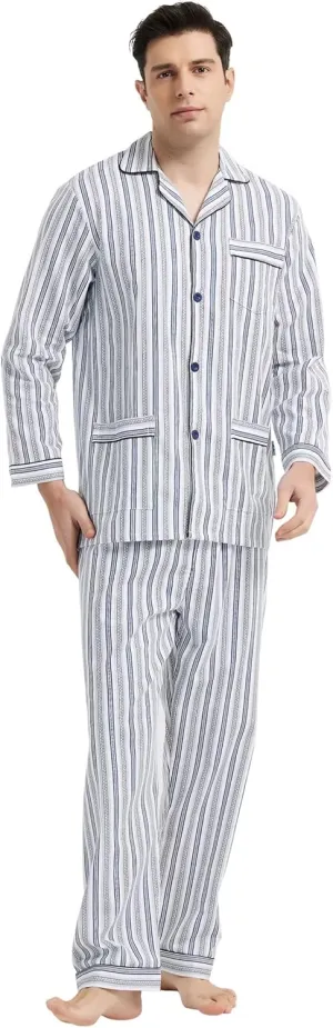 GLOBAL Mens Pajamas Set, 100% Cotton Woven Drawstring Sleepwear Set with Top and Pants/Bottoms
