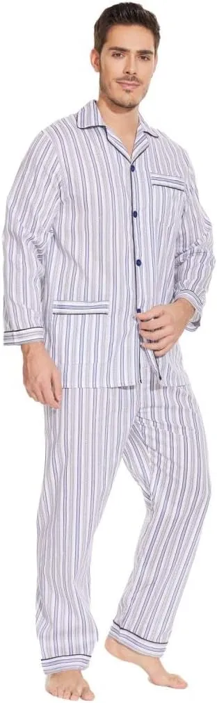 GLOBAL Mens Pajamas Set, 100% Cotton Woven Drawstring Sleepwear Set with Top and Pants/Bottoms