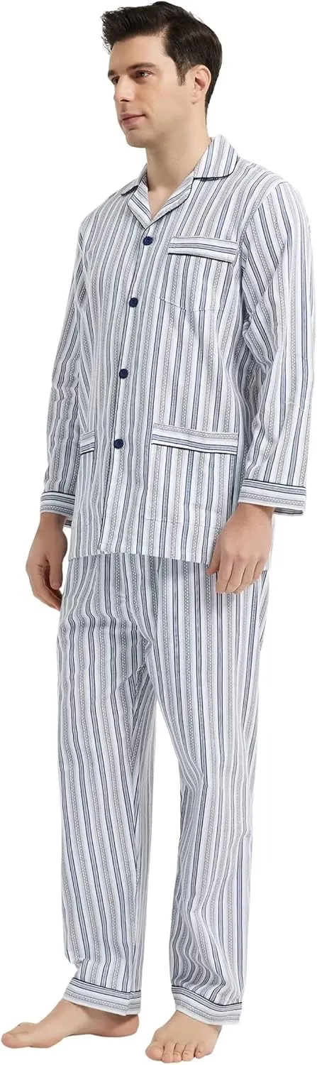 GLOBAL Mens Pajamas Set, 100% Cotton Woven Drawstring Sleepwear Set with Top and Pants/Bottoms