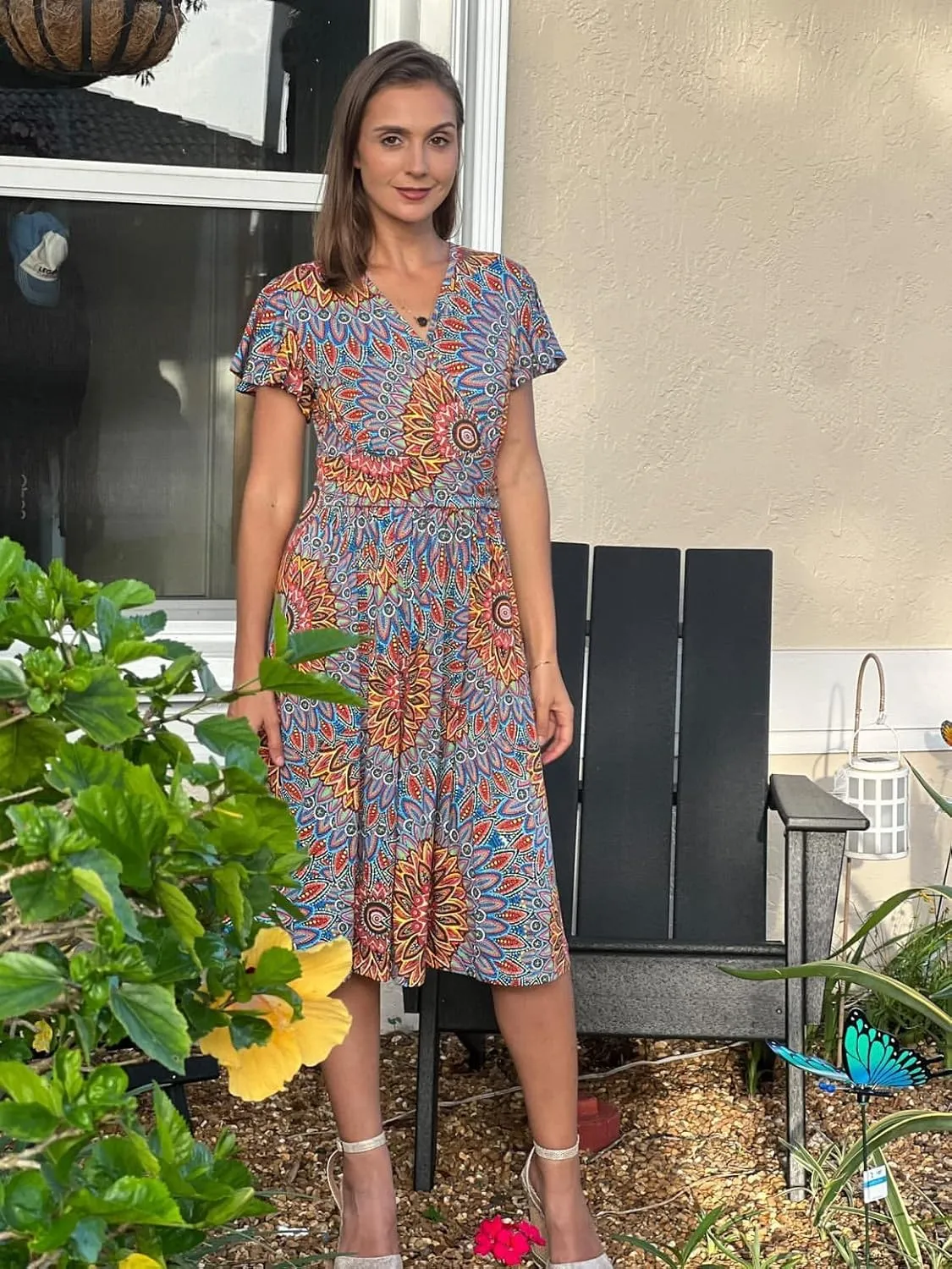 GRECERELLE Spring Summer Dress for Women Casual Ruffle Short Sleeve Wrap V-Neck Dress