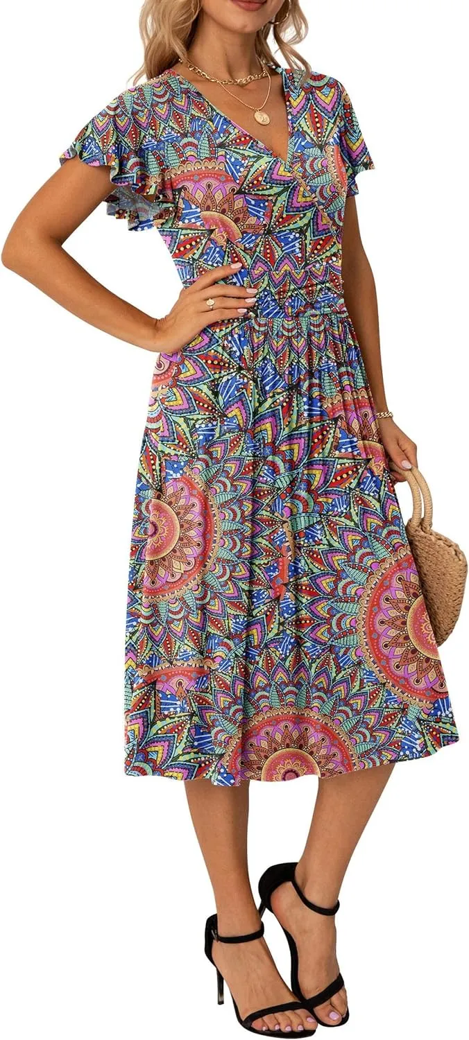 GRECERELLE Spring Summer Dress for Women Casual Ruffle Short Sleeve Wrap V-Neck Dress