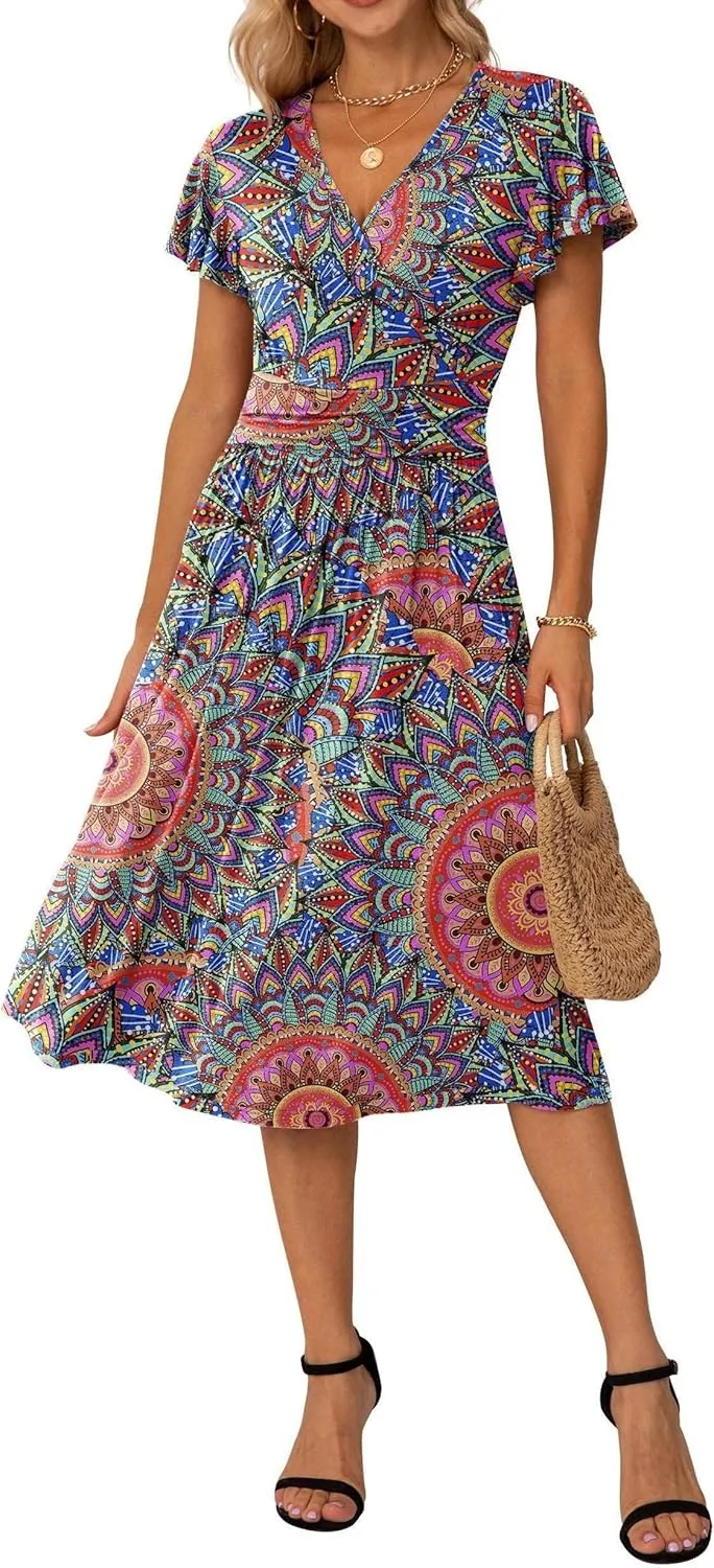 GRECERELLE Spring Summer Dress for Women Casual Ruffle Short Sleeve Wrap V-Neck Dress