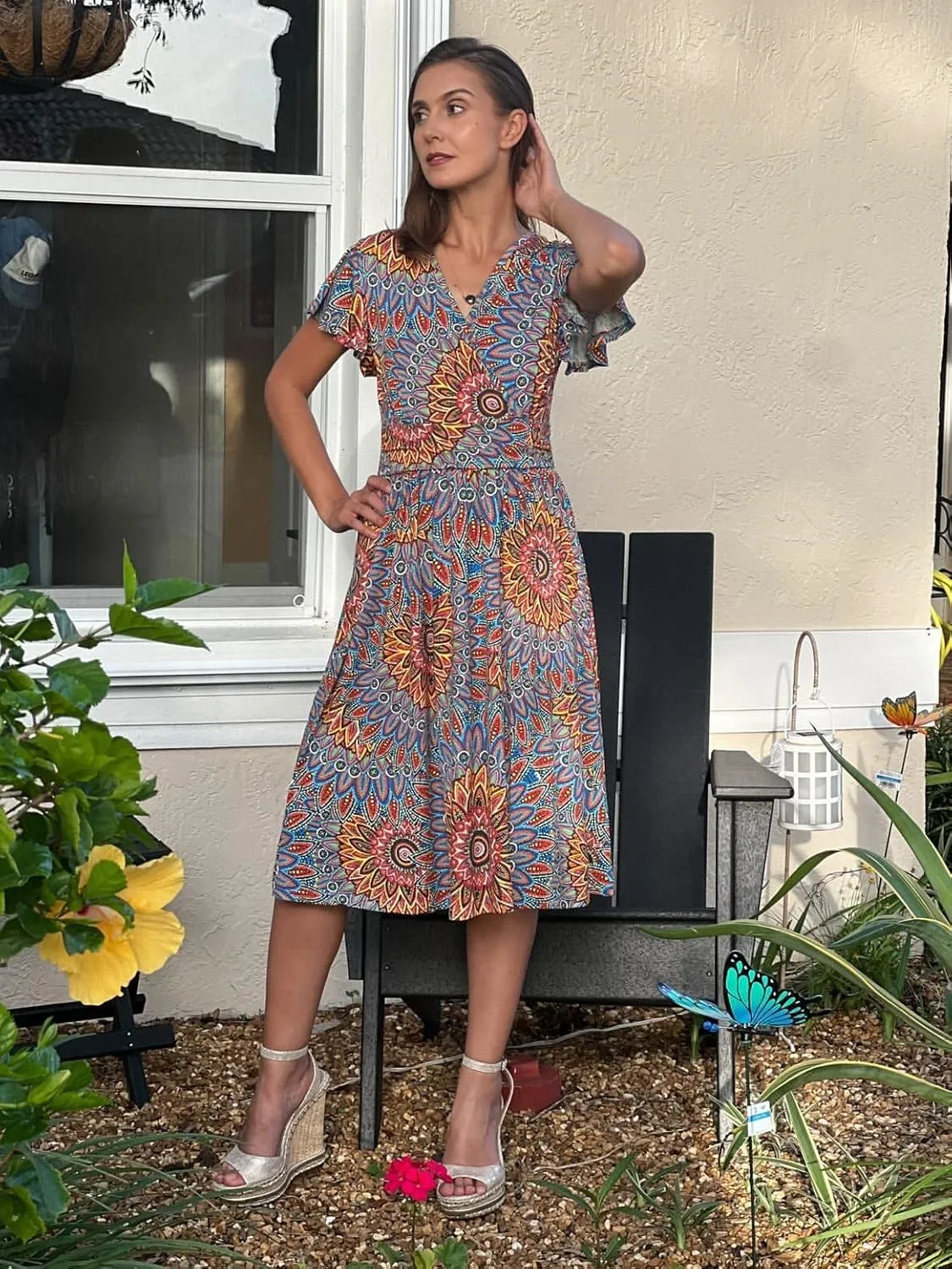 GRECERELLE Spring Summer Dress for Women Casual Ruffle Short Sleeve Wrap V-Neck Dress