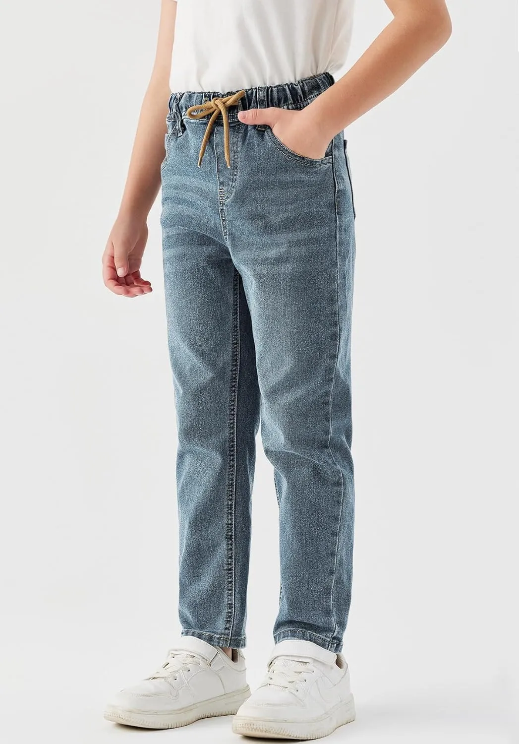 Haloumoning Boys Jeans Kids Elastic Waist Straight Leg Denim Pants with Drawstring 4-14 Years