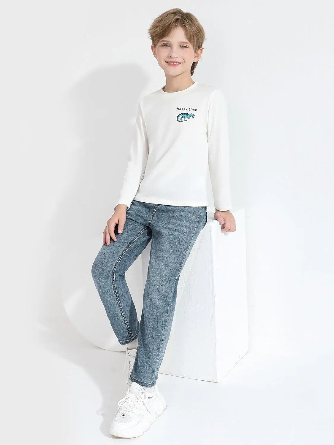 Haloumoning Boys Jeans Kids Elastic Waist Straight Leg Denim Pants with Drawstring 4-14 Years