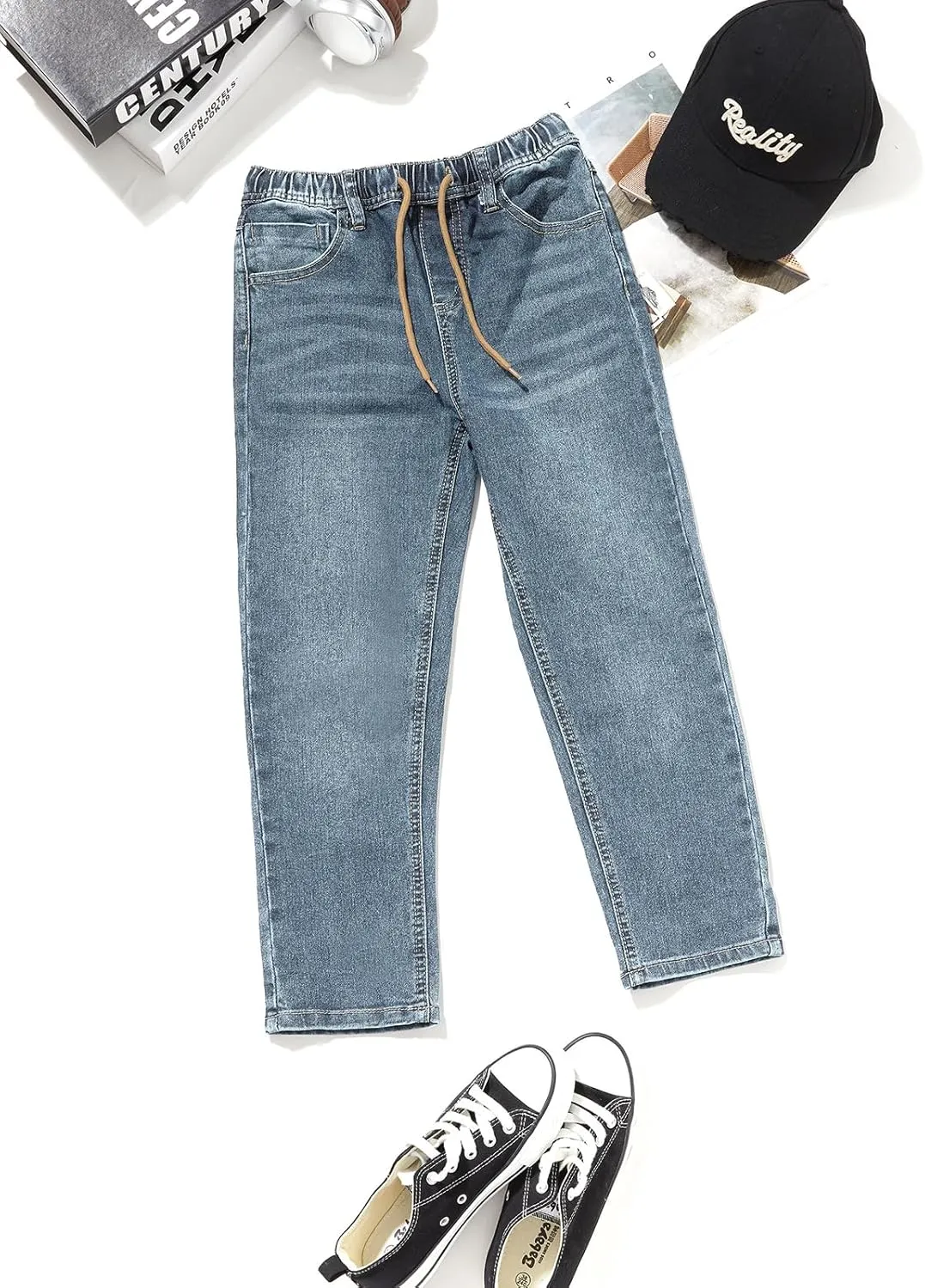 Haloumoning Boys Jeans Kids Elastic Waist Straight Leg Denim Pants with Drawstring 4-14 Years
