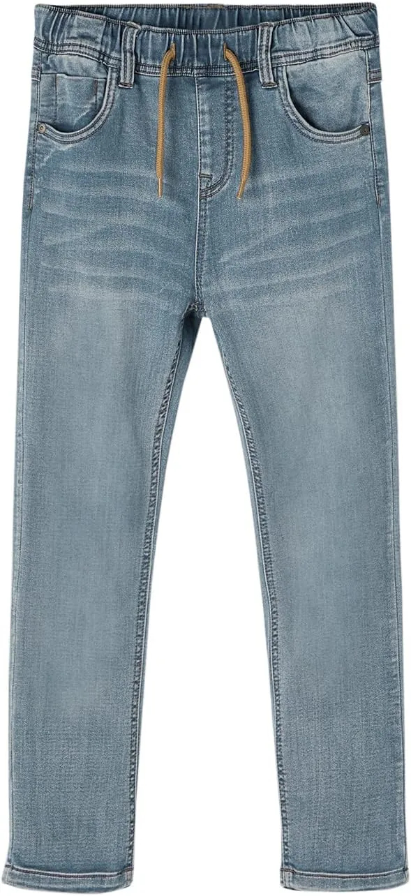 Haloumoning Boys Jeans Kids Elastic Waist Straight Leg Denim Pants with Drawstring 4-14 Years