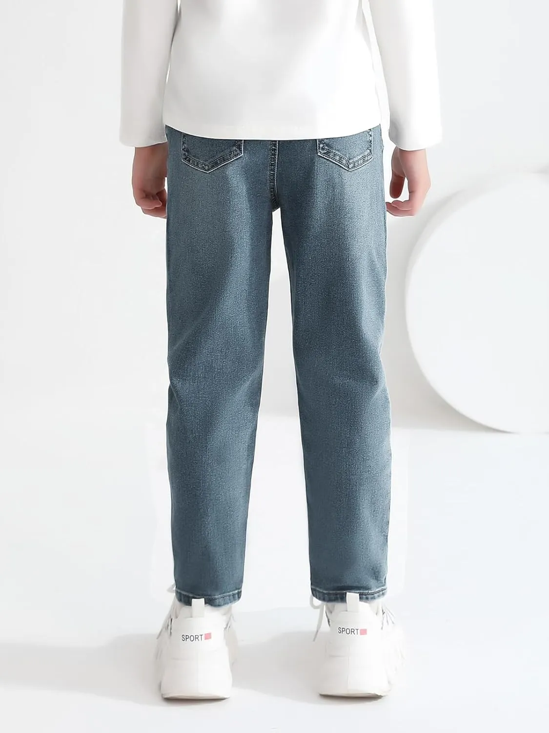 Haloumoning Boys Jeans Kids Elastic Waist Straight Leg Denim Pants with Drawstring 4-14 Years