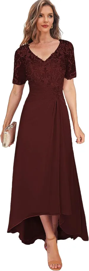 High Low Mother of The Bride Dresses for Women Tea Length Lace Wedding Guest Formal Dress with Sleeves