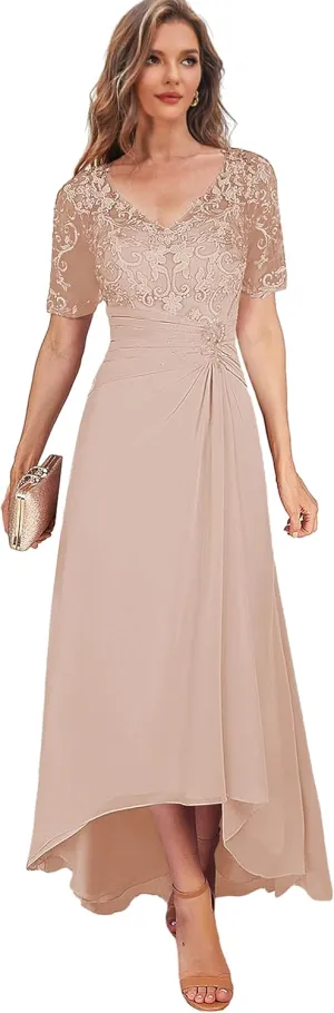High Low Mother of The Bride Dresses for Women Tea Length Lace Wedding Guest Formal Dress with Sleeves