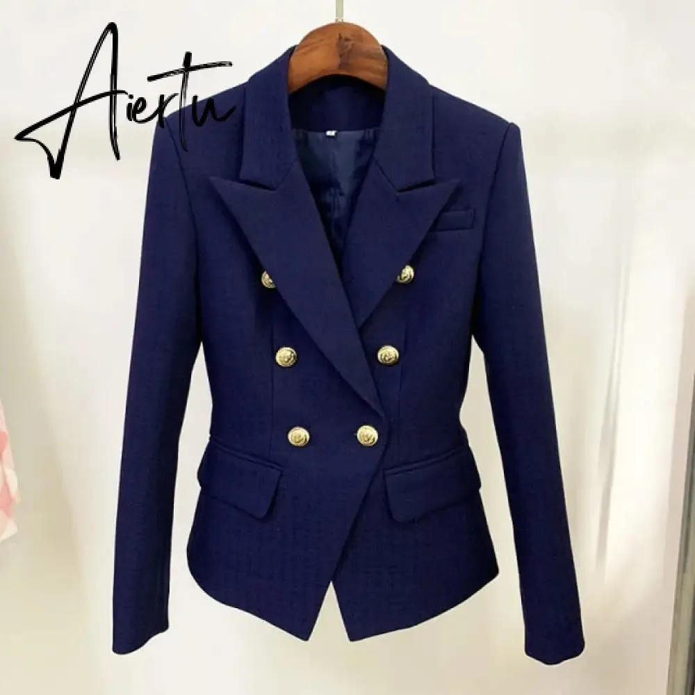 High Street Newest  Runway Designer Blazer Women's Classic Lion Buttons Double Breasted Slim Fitting Textured Blazer Jacket
