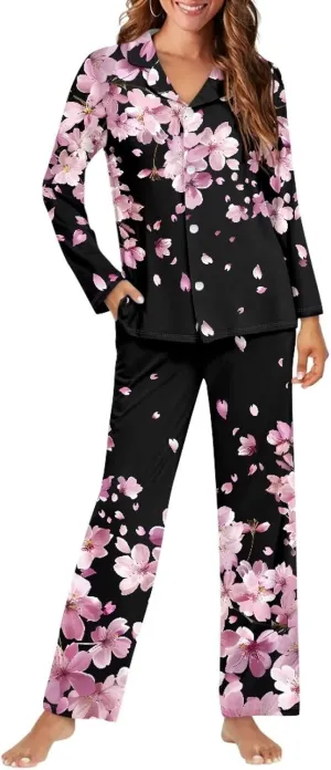 HUGS IDEA 2 Pieces Pajamas Women's Long Sleeve Sleepwear with Pockets Soft Button Down Loungewear Pjs Set XS-4XL