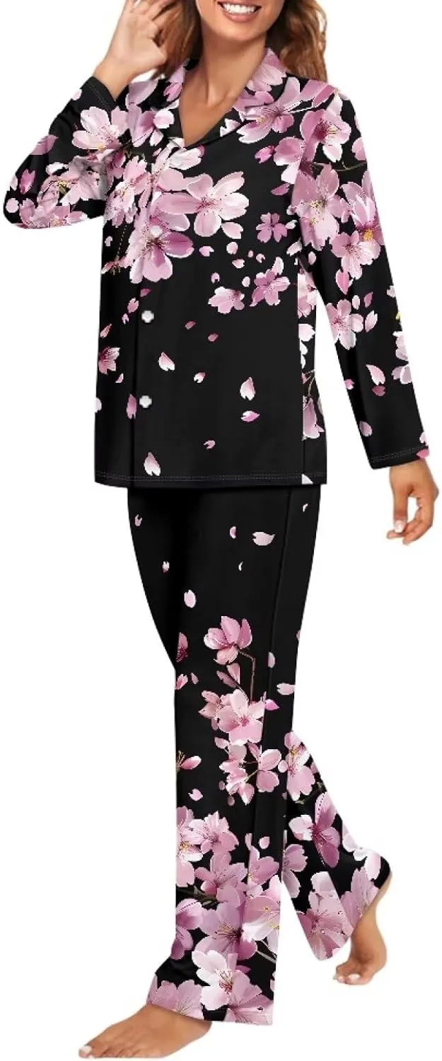 HUGS IDEA 2 Pieces Pajamas Women's Long Sleeve Sleepwear with Pockets Soft Button Down Loungewear Pjs Set XS-4XL