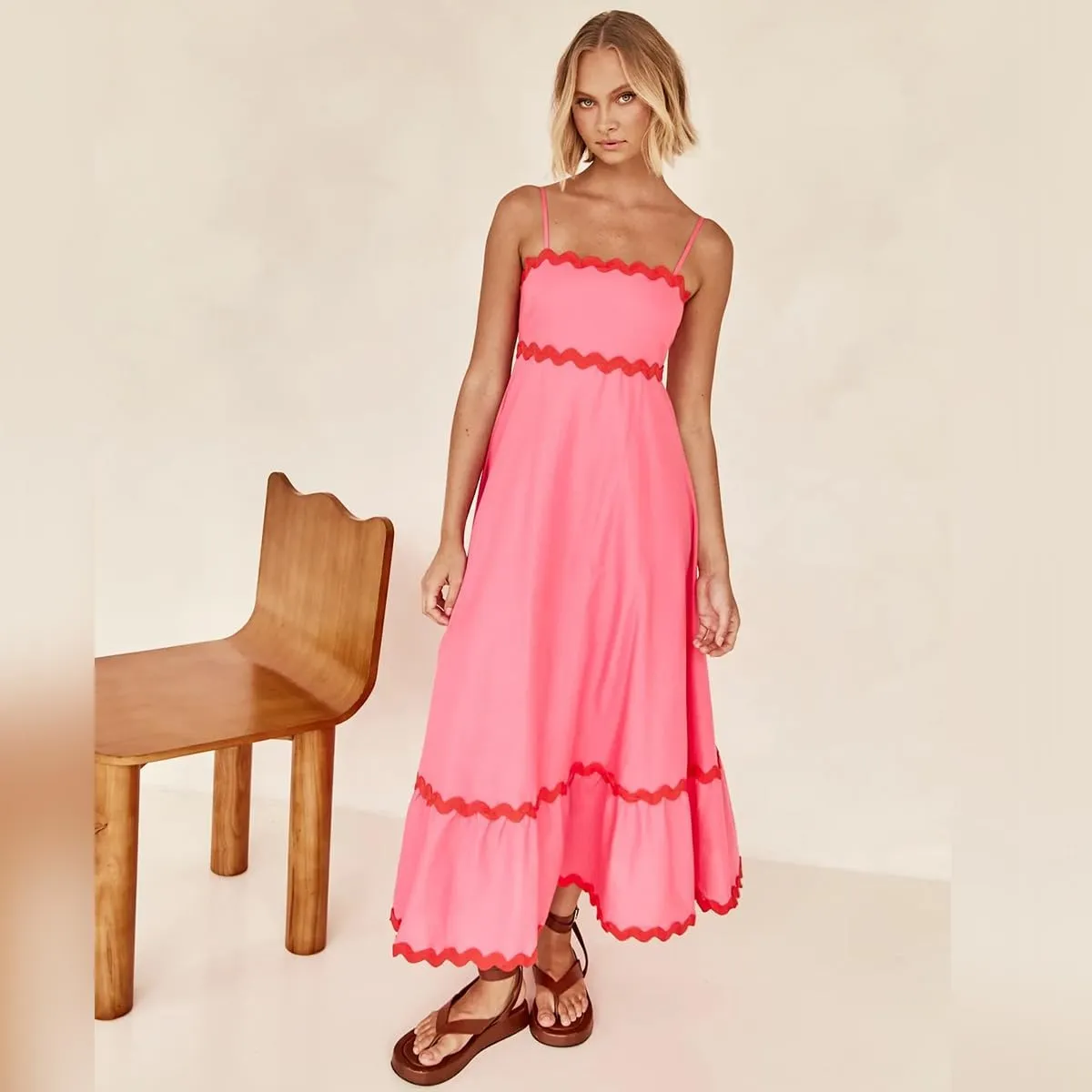 IDOPIP Womens Summer Casual Dress Spaghetti Maxi Dress Elegant Empire Waist Long Dress Beach Trendy Weeding Guest Outfit