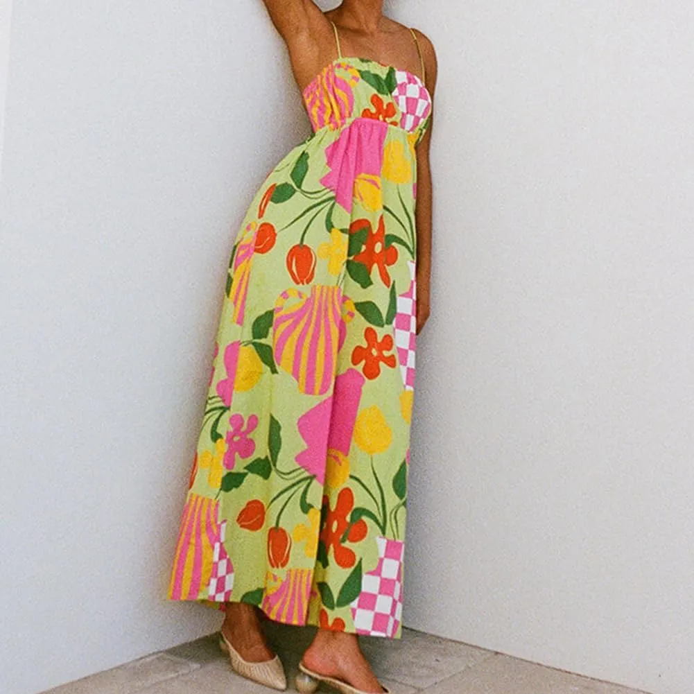 IMISSILLEB Women Boho Graphic Maxi Dress Spaghetti Strap Colorful Graffiti Long Cami Dress 2024 Summer Vacation Beach Dress