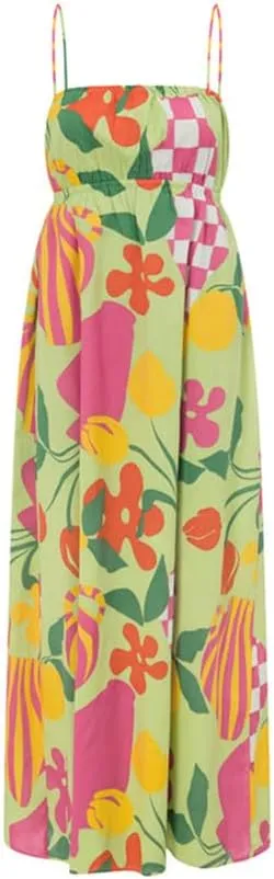 IMISSILLEB Women Boho Graphic Maxi Dress Spaghetti Strap Colorful Graffiti Long Cami Dress 2024 Summer Vacation Beach Dress