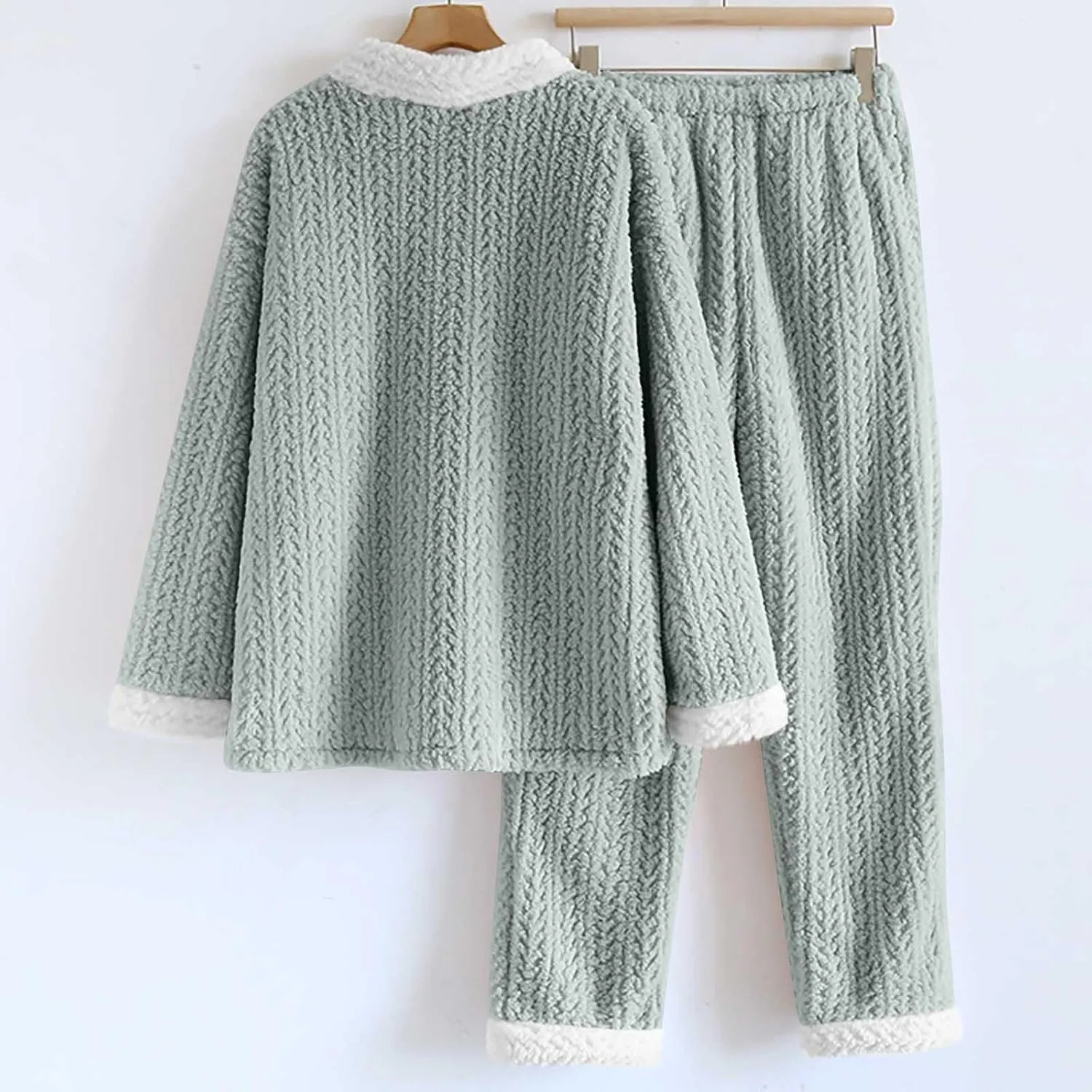 JOAU Women Fuzzy Pajama Set Warm Fluffy Long Sleeve Sleepwear Plush Loungewear Button Top and Pants Flannel Pjs with Pockets