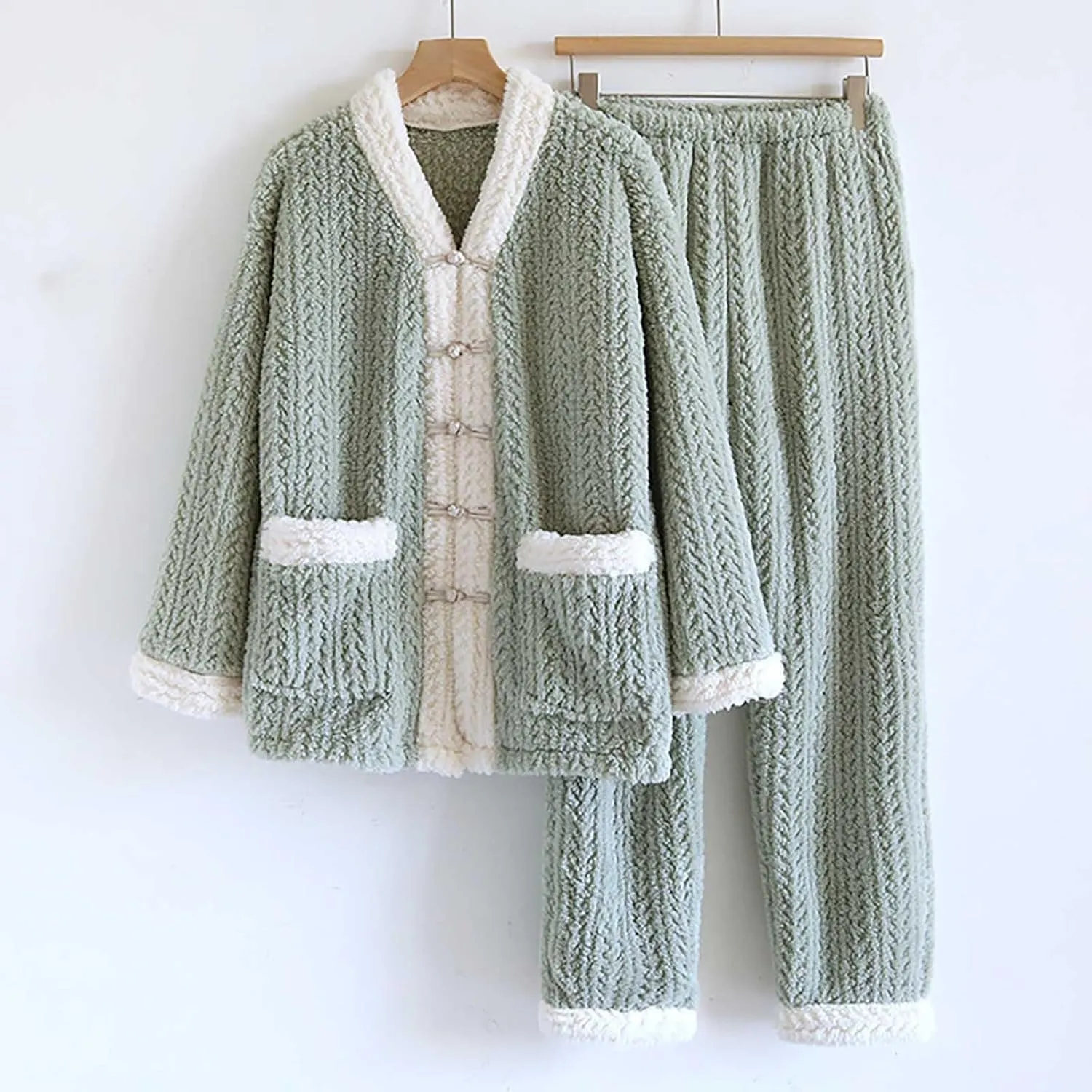 JOAU Women Fuzzy Pajama Set Warm Fluffy Long Sleeve Sleepwear Plush Loungewear Button Top and Pants Flannel Pjs with Pockets