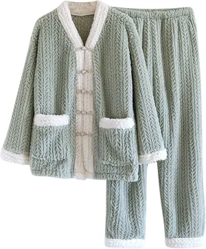 JOAU Women Fuzzy Pajama Set Warm Fluffy Long Sleeve Sleepwear Plush Loungewear Button Top and Pants Flannel Pjs with Pockets