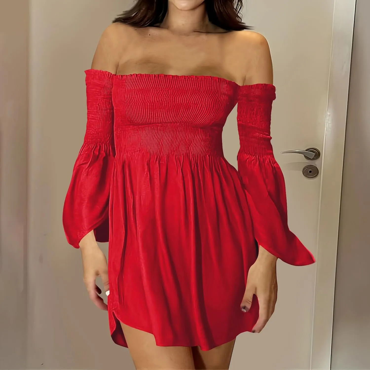 JOAU Womens Cute Sexy Off Shoulder 3/4 Bell Sleeve Mini Dress Ruffle Flowy Empire Waist Short Dresses Party Skater Dress