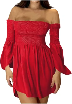JOAU Womens Cute Sexy Off Shoulder 3/4 Bell Sleeve Mini Dress Ruffle Flowy Empire Waist Short Dresses Party Skater Dress
