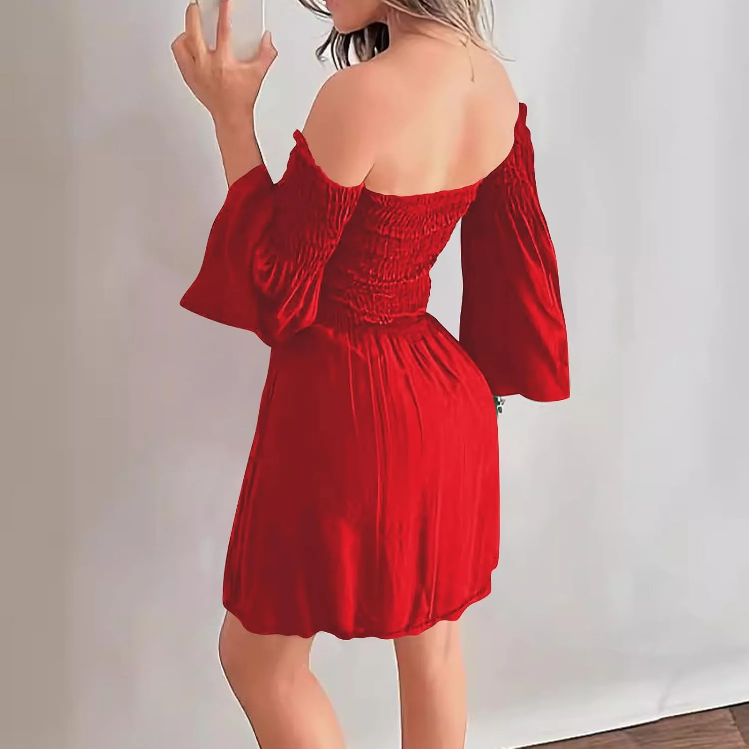 JOAU Womens Cute Sexy Off Shoulder 3/4 Bell Sleeve Mini Dress Ruffle Flowy Empire Waist Short Dresses Party Skater Dress