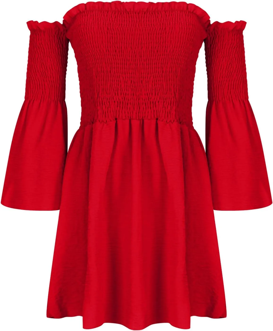 JOAU Womens Cute Sexy Off Shoulder 3/4 Bell Sleeve Mini Dress Ruffle Flowy Empire Waist Short Dresses Party Skater Dress
