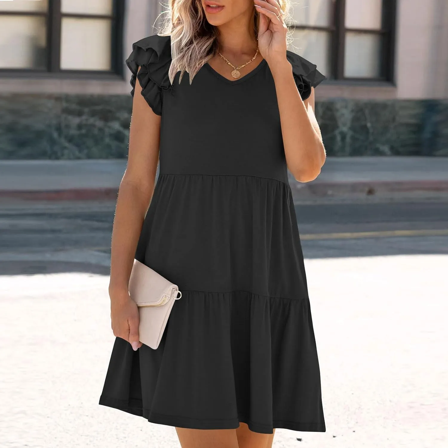 JOAU Women's Flutter Sleeve Summer Dress 2025 Casual V Neck Ruffle Flowy Tiered Knee Length A-Line Beach Vacation Sundress