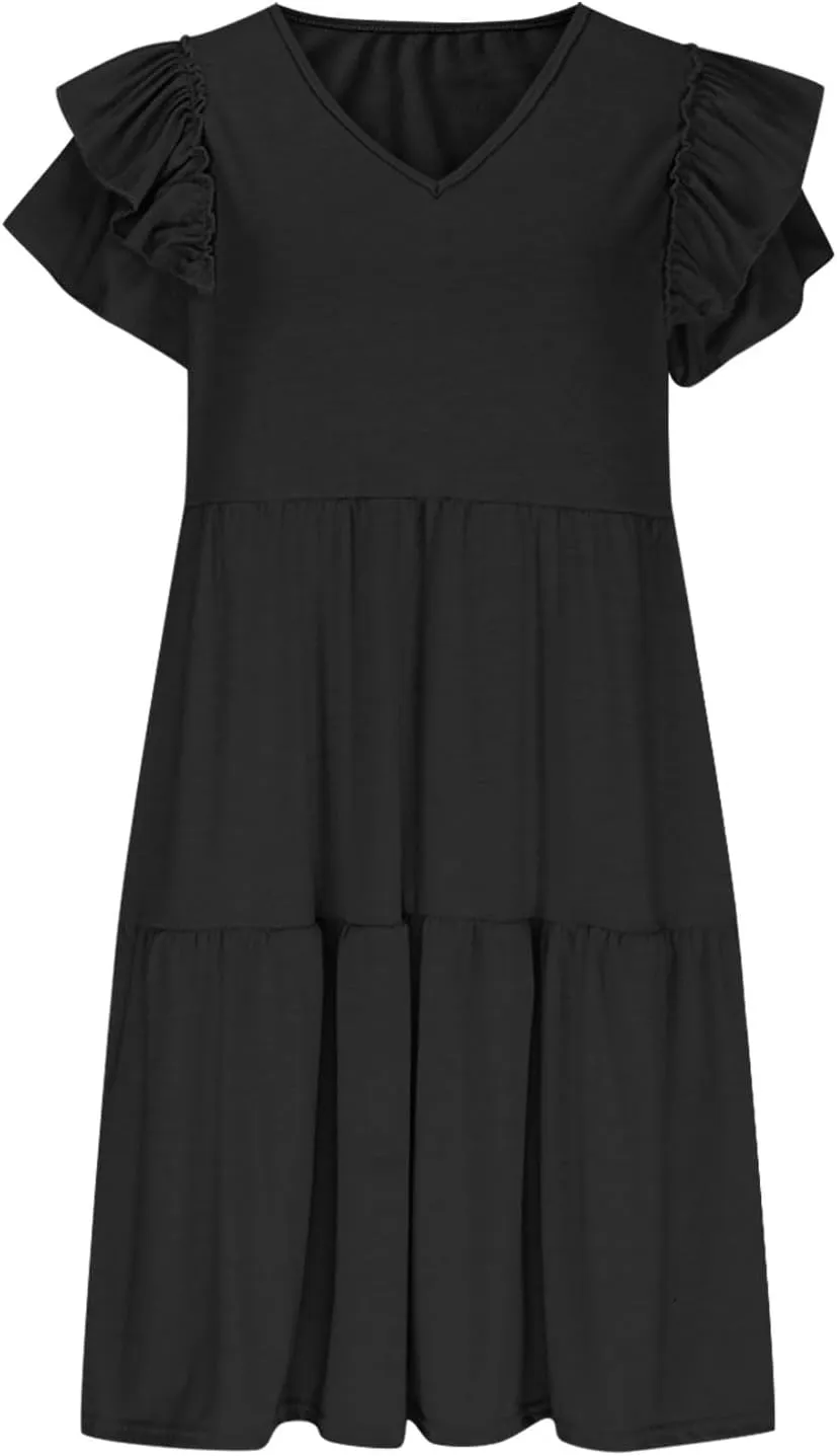 JOAU Women's Flutter Sleeve Summer Dress 2025 Casual V Neck Ruffle Flowy Tiered Knee Length A-Line Beach Vacation Sundress