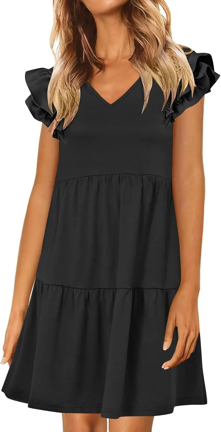 JOAU Women's Flutter Sleeve Summer Dress 2025 Casual V Neck Ruffle Flowy Tiered Knee Length A-Line Beach Vacation Sundress