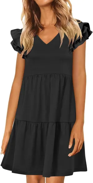 JOAU Women's Flutter Sleeve Summer Dress 2025 Casual V Neck Ruffle Flowy Tiered Knee Length A-Line Beach Vacation Sundress