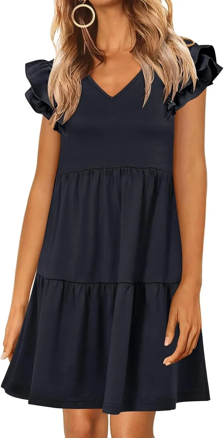 JOAU Women's Flutter Sleeve Summer Dress 2025 Casual V Neck Ruffle Flowy Tiered Knee Length A-Line Beach Vacation Sundress