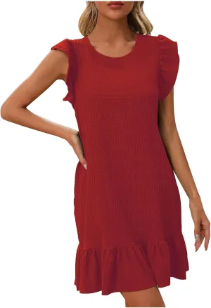 JOAU Womens Summer Mini Dress Casual Sleeveless Ruffle Sleeve Round Neck Dresses Flowy Ruffle Hem Babydoll T-Shirt Dress