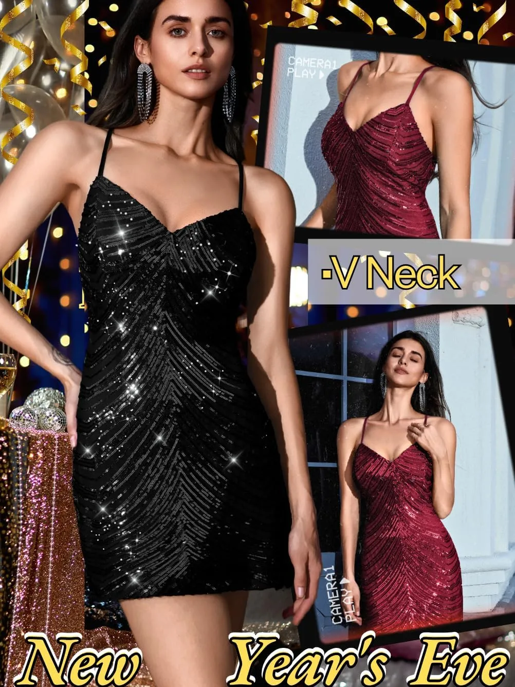 Kaei&Shi Sequin Mini Dress,V Neck Spaghetti Strap Sparkly Prom Dresses for Women,Sexy Birthday Outfit HOCO Cocktail Nye Party