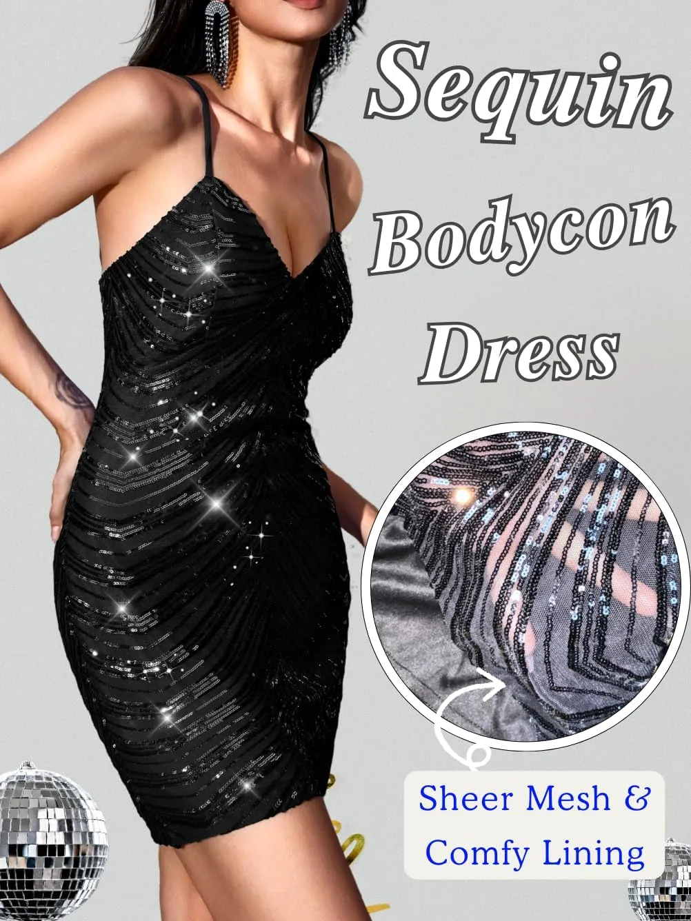 Kaei&Shi Sequin Mini Dress,V Neck Spaghetti Strap Sparkly Prom Dresses for Women,Sexy Birthday Outfit HOCO Cocktail Nye Party