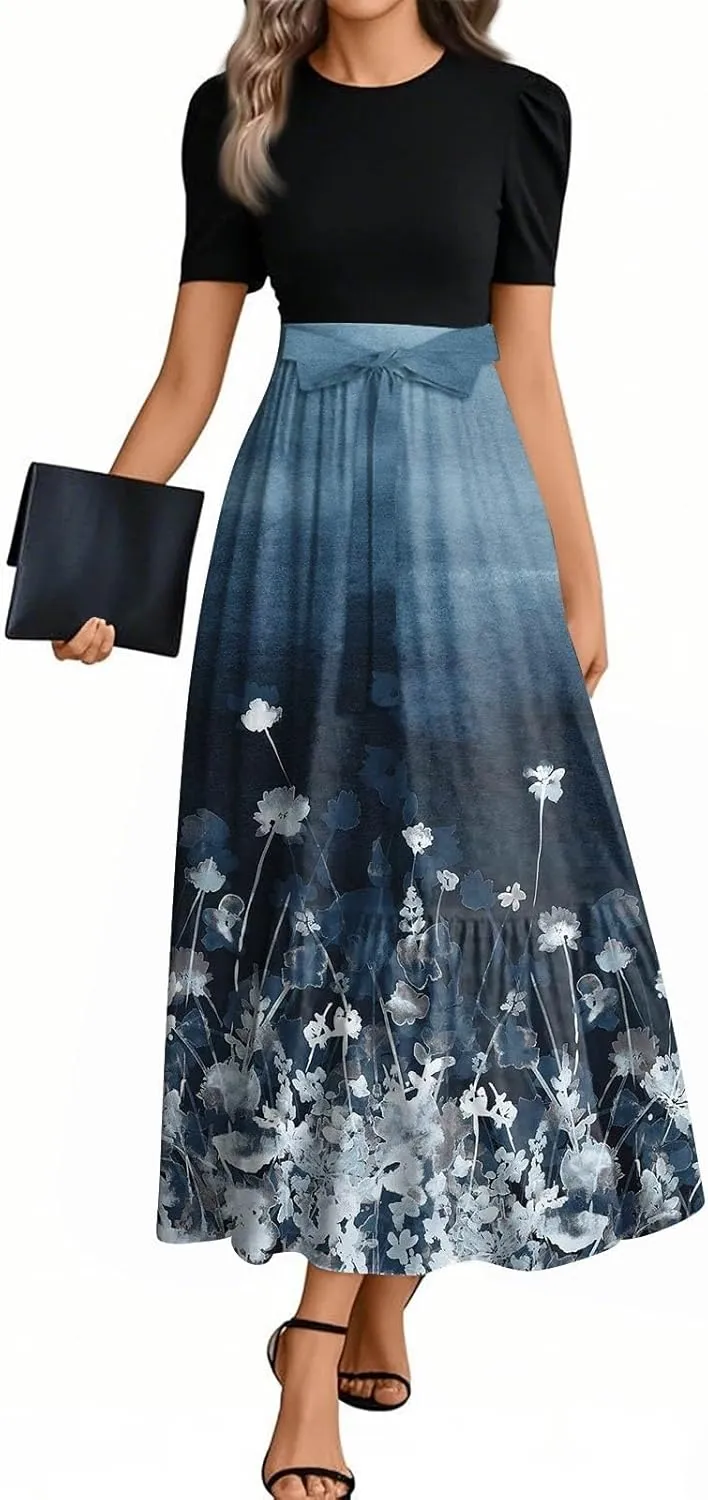 Kenvina Summer Dresses for Women Floral Print Flowy Short Sleeve Dress Patchwork Empire Waist Dress Tie Belted Maxi Dress