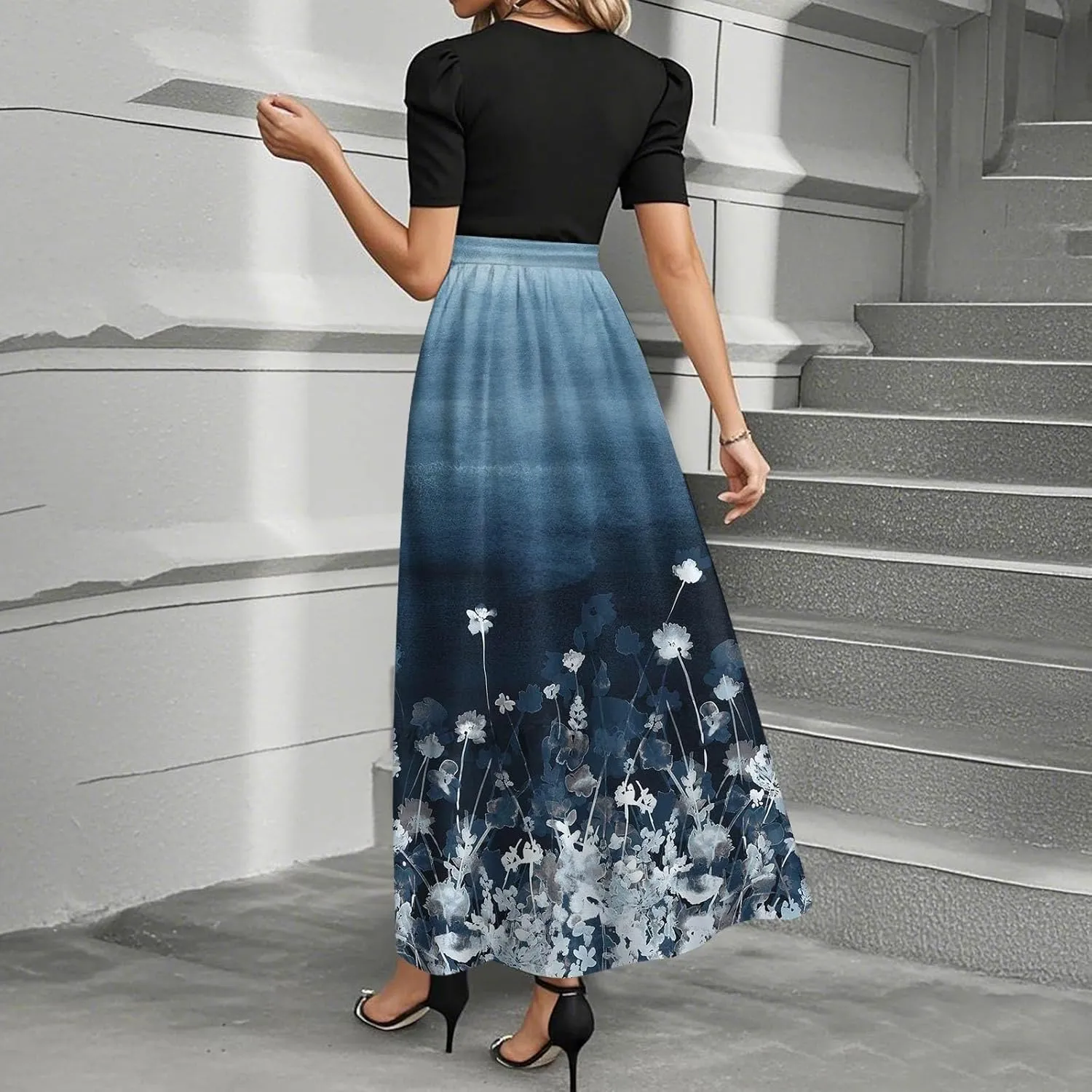 Kenvina Summer Dresses for Women Floral Print Flowy Short Sleeve Dress Patchwork Empire Waist Dress Tie Belted Maxi Dress